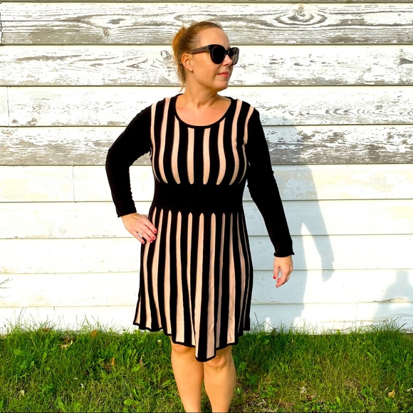 Calvin Klein Dresses & Skirts - Calvin Klein Black and Pink Striped Fit and Flare Sweater Dress XL
